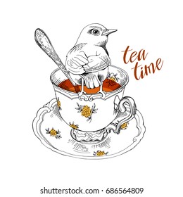 Tea party invitation card with a Cup of tea, Saucer, Spoon and Bird. Vector Illustration.