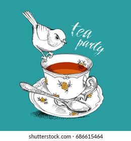 Tea party invitation card with a Cup of tea, Saucer, Spoon and Bird on a blue-green background. Vector Illustration.