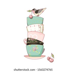 Tea party invitation card with a Cups. Spring mood. Vector illustrations.