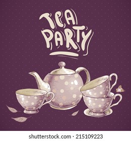 Tea party invitation card with a Cups and Pot