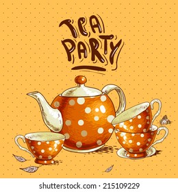 Tea party invitation card with a Cups and Pot