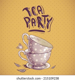 Tea party invitation card with a Cups and Pot, Vector Illustration