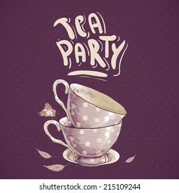 Tea party invitation card with a Cups and Pot