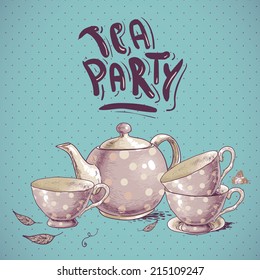 Tea party invitation card with a Cups and Pot