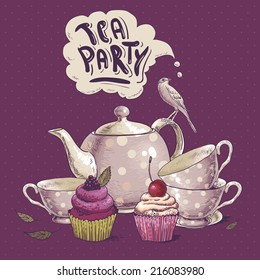 Tea party invitation card with a Cups, Cupcake, Bird and Pot 