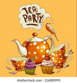 Tea party invitation card with a Cups, Cupcake, Bird and Pot 