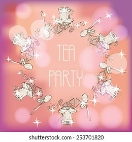 Tea party invitation card with a Cups and Pot