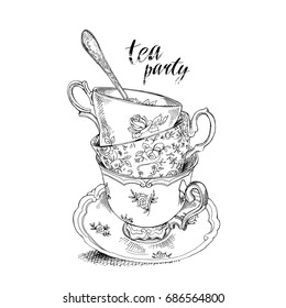 Tea Party Invitation Card With A Cups, Saucer, Spoon. Vector Black And White Illustration.