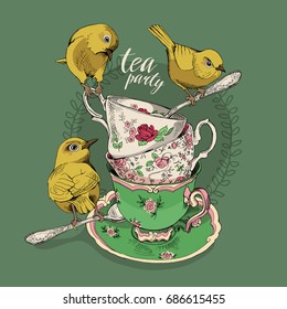 Tea party invitation card with a Cups, Saucer, Spoon and Birds on a green background. Vector Illustration.