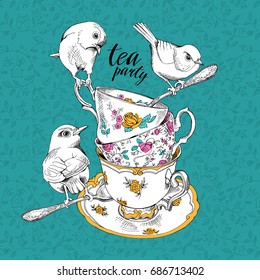 Tea party invitation card with a Cups, Saucer, Spoon and Birds on a blue-green wallpaper. Vector Illustration.