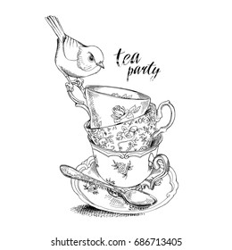 Tea Party Invitation Card With A Cups, Saucer, Spoon And Bird. Vector Black And White Illustration.