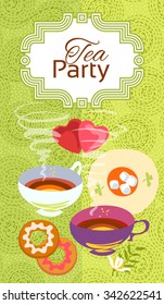 Tea party invitation card. Frame over pattern background, colorful illustration.