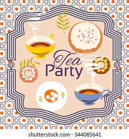 Tea party invitation card. Frame over pattern background, colorful illustration. Clipping mask applied in EPS to hide bleed area.