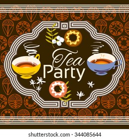 Tea party invitation card. Frame over pattern background, colorful illustration. Clipping mask applied in EPS to hide bleed area. Print size 145 x 145 mm