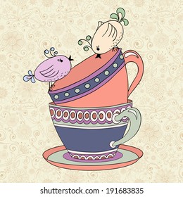 Tea party invitation card template vector illustration with cups and birds.