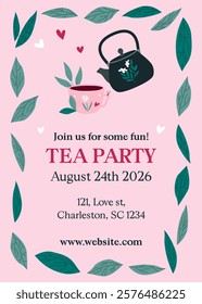 Tea party, invitation card. Template with sample text. 