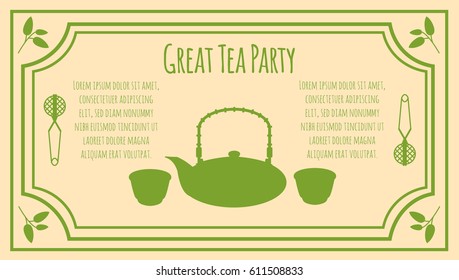Tea party invitation card template with text green teapot bowls strainer and leaves silhouettes vector illustration