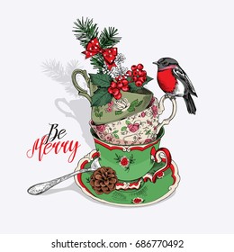 Tea Party Invitation Christmas Card With A Cups, Saucer, Spoon And Bird. Vector Illustration.