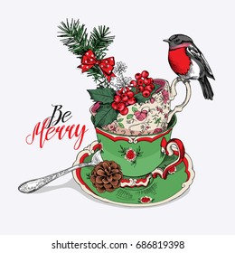 Tea Party Invitation Christmas Card With A Cups, Saucer, Spoon And Bird. Vector Illustration.