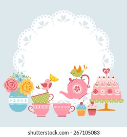 Tea Party Invitation With Cute Birds And Place For Your Text. 