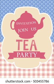 Tea party invitation with cute cake and place for you text. Vector illustration