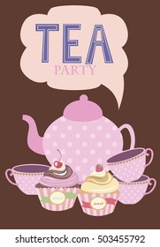 Tea party invitation with cute cake and place for you text. Vector illustration