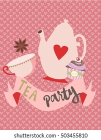 Tea party invitation with cute cake and place for you text. Vector illustration