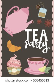 Tea party invitation with cute cake and place for you text. Vector illustration