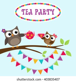 Tea party invitation with cute owls on branch with teapot and cup