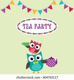 Tea party invitation with cute owls with teapot and cup