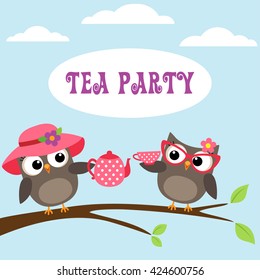 Tea party invitation with cute owls on branch with teapot and cup