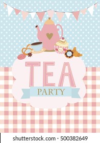 Tea party invitation with cute sweet cake and place for your text.