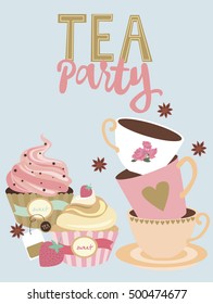 Tea Party Invitation Cute Sweet Cake Stock Vector (Royalty Free) 500474677