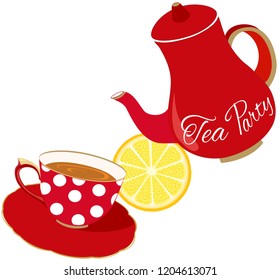 Tea Party invitation, red cup and pot