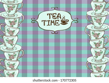 Tea party invitation with teacups on blue purple checkered background