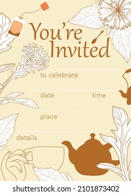 Tea party invitation template. Cornflowers, hand with a mug, teapot, tea bag. Vector food menu flyer.