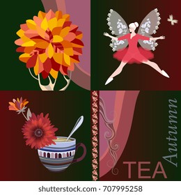 Tea party invitation. Vector template. Beautiful multicolor illustration with fairy girl, autumn tree, teacup and paisley border.