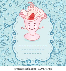 Tea party invitation vintage style frame with funny ice cream. Vector illustration.