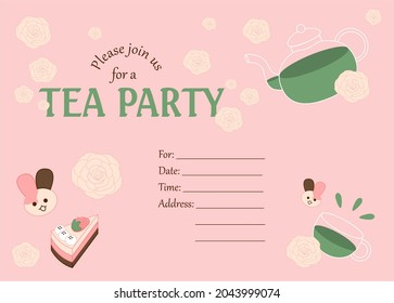 Tea party invitation for your friends and loved ones. Illustration of cute sweets, green tea and roses. Bunny and Neapolitan cake. Celebration, party, graduation, gathering, meet up and other events. 