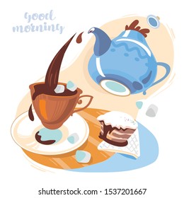 Tea party Kettle, cup and pie. The teapot is pouring tea.