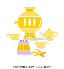 Tea party. Kettle, tea cups, dessert. Illustration in flat style.