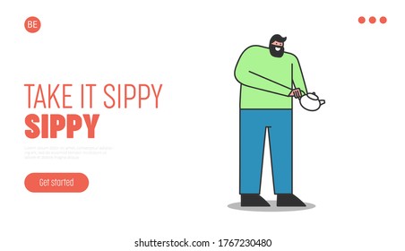 Tea party landing page for cafe website with man holding teapot and pouring tea on white background. Waiter cartoon character serving customers order of hot beverage. Flat vector illustration