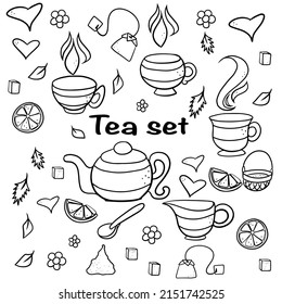 Tea party, A large set of monochrome black and white vector illustrations, on a white background