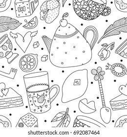 Tea party. Line seamless pattern.