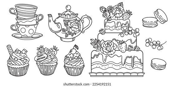 Tea party line set. Vector illustration for a coloring book