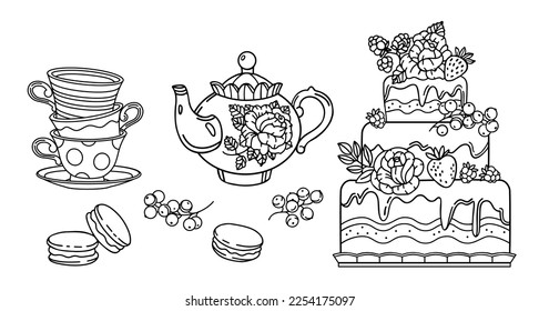 Tea party. Line vector food illustration. Coloring page. 