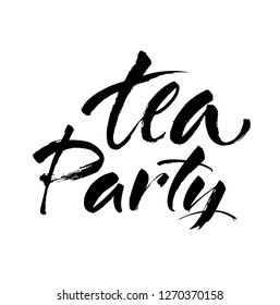 Tea Party logo hand drawn ink brush lettering. Modern brush calligraphy. Isolated on white background. Vector illustration.