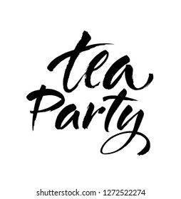 Tea Party logo hand drawn ink brush lettering. Modern brush calligraphy. Isolated on white background. Vector illustration.