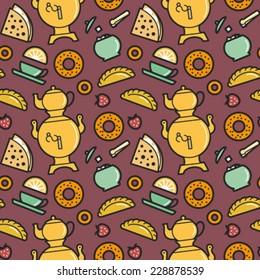 Tea party menu food and drinks seamless pattern. Editable vector illustration.