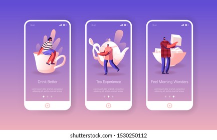 Tea Party Mobile App Page Onboard Screen Set. Tiny Men Women Characters Prepare to Drink Tea with Sugar. Hot Beverage for Cold Season Concept for Website or Web Page, Cartoon Flat Vector Illustration